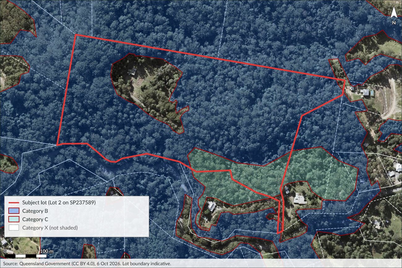 Figure N. Regulated vegetation management map at Lot 2 on SP237589, Peachester (current aerial imagery). Source: Queensland cadastre, Regulated vegetation management map version 7.28 (retrieved 6 October 2026) and Queensland Imagery, Queensland Government, CC BY 4.0. Indicative only; not a survey.
