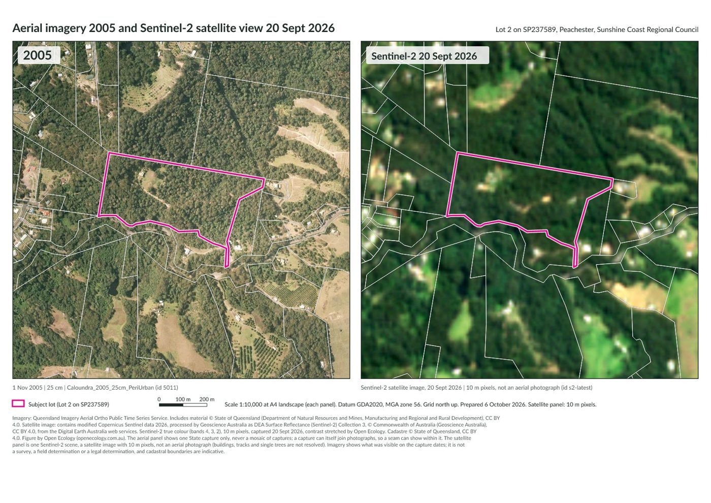 Two images of Lot 2 on SP237589 at Peachester side by side, 2005 on the left and the Sentinel-2 satellite image (10 m pixels) of 20 Sept 2026 on the right, with the lot outlined in magenta.